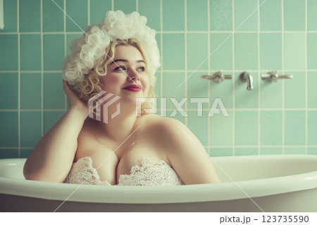 Plump beauty woman relaxing in bathroom 123735590
