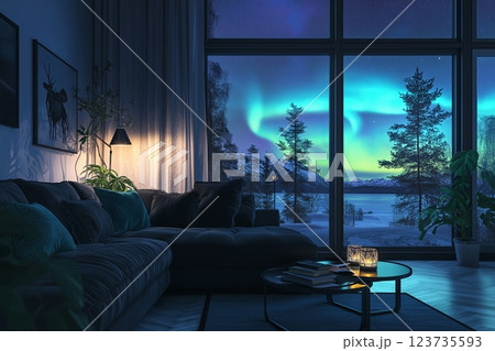 Cozy living room with large windows showcasing vibrant northern lights at dusk near a snowy forest 123735593