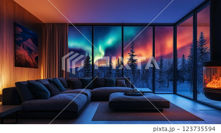 Cozy living room with large windows showcasing vibrant northern lights at dusk near a snowy forest 123735594
