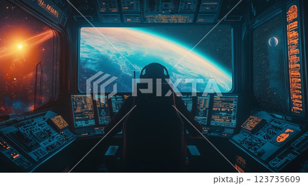 Pilot in spaceship control room 123735609