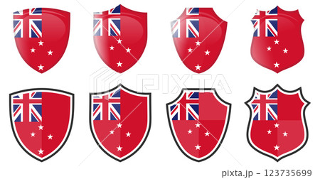 Vertical New Zealand red duster flag (civil ensign) in shield shape, four 3d and simple icons versions. Vertical New Zealand red duster flag (civil ensign) in shield shape, four 3d and simple icons versions. 123735699