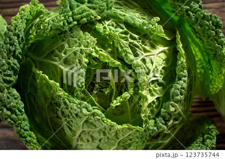 Green savoy cabbage head - Closeup from above 123735744