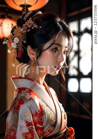 美しい着物を着てポーズをとるきれいな女性の横顔 123735996
