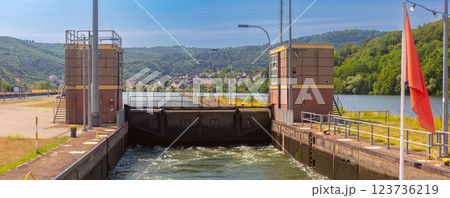 Lock gates on the Moselle River, Germany 123736219