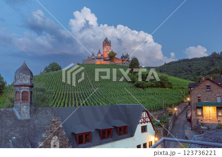 Reichsburg Castle and Vineyards at Dusk, Cochem, Germany 123736221