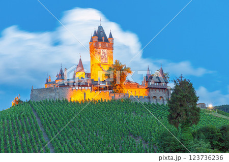 Reichsburg Castle and Vineyards at Dusk, Cochem, Germany 123736236