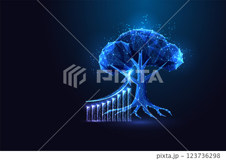 Polygonal tree with growth chart. Sustainable investment and ESG finance. Futuristic vector concept. Polygonal tree with growth chart. Sustainable investment and ESG finance. Futuristic vector concept. 123736298