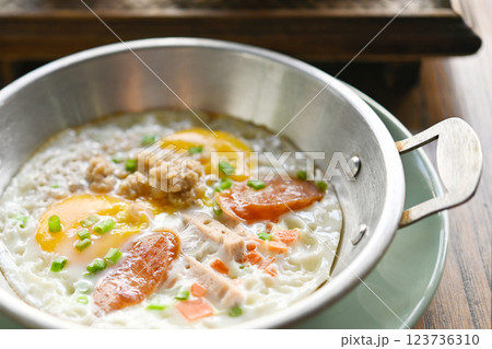 Pan-fried eggs with side dishes. Thai food, Vietnamese style.. Pan-fried eggs with side dishes. Thai food, Vietnamese style.. 123736310