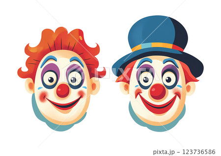 Two cartoon clown, one with a hat, isolated on white. illustration. With clipping path. 123736586