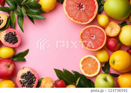 Colorful assortment of fresh fruit on a pink background. Top view 123736591