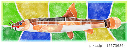 淡水魚ドジョウのカラフルタイル画切り絵イラスト背景有り 123736864