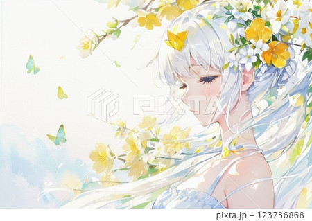花と蝶と目を閉じた少女　水彩画風 123736868