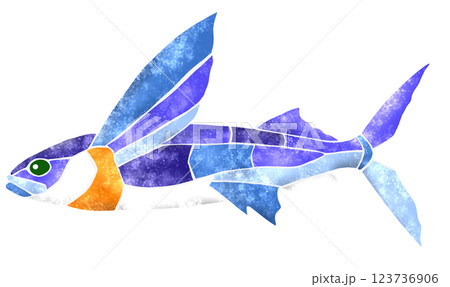 海水魚トビウオの綺麗なモザイク画風切り絵イラスト 123736906