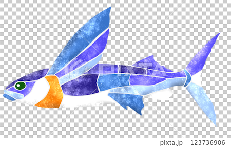 海水魚トビウオの綺麗なモザイク画風切り絵イラスト 123736906
