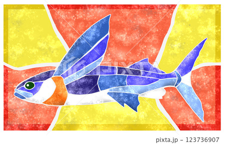 海水魚トビウオの可愛いタイル画切り絵イラスト背景有り 123736907