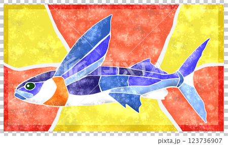 Cute tile cutout illustration of a saltwater fish, flying fish, with background 123736907