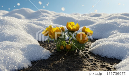 春の雪解けとフクジュソウの花 123736975