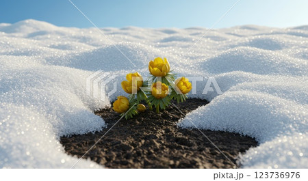 春の雪解けとフクジュソウの花 123736976