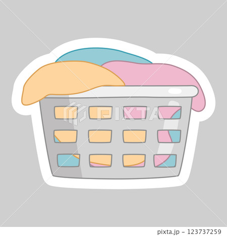 Sticker with laundry basket overflowing with colorful clothes waiting to be washed, vector 123737259