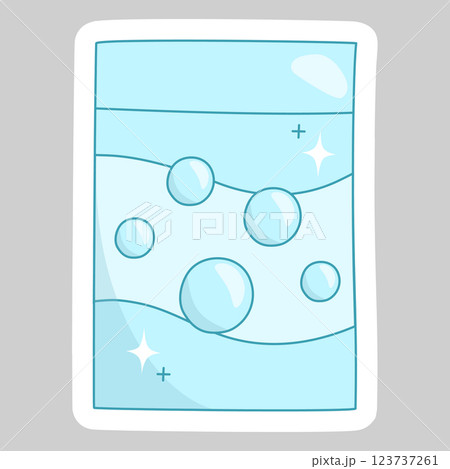 Sticker with laundry detergent package with floating soap bubbles symbolizing cleanliness, vector Sticker with laundry detergent package with floating soap bubbles symbolizing cleanliness, vector 123737261