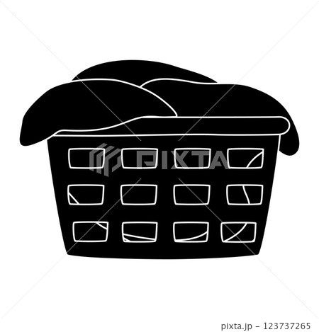Black silhouette of laundry basket overflowing with clothes, glyph icon flat vector Black silhouette of laundry basket overflowing with clothes, glyph icon flat vector 123737265