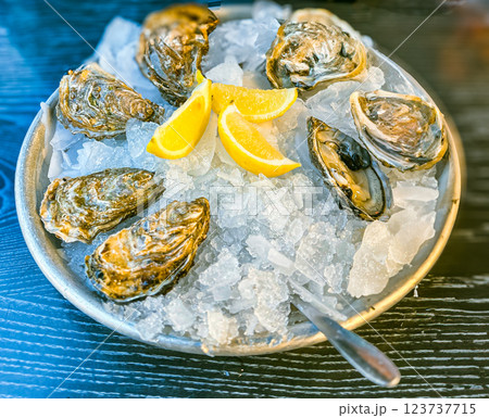 Fresh oysters on ice with lemon and white wine Fresh oysters on ice with lemon and white wine 123737715