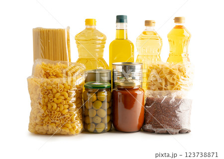 Foodstuffs in donation box isolated on white background for volunteer to help people. 123738871