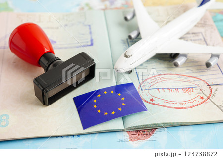 EU flag and passport with airplane for travel. 123738872
