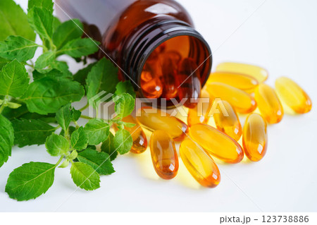 Alternative medicine herbal organic capsule with vitamin E omega 3 fish oil, mineral, drug with herbs leaf natural supplements for healthy good life. Alternative medicine herbal organic capsule with vitamin E omega 3 fish oil, mineral, drug with herbs leaf natural supplements for healthy good life. 123738886
