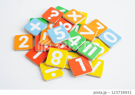 Number wood block cubes for learning Mathematic, education math. 123738931