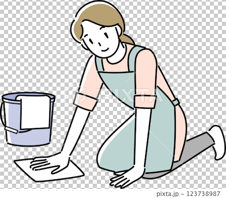 一名婦女穿著圍裙拖地 123738987