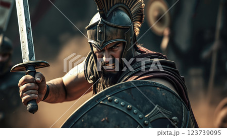 A portrait of a Roman warrior standing in the battlefield, his armor weathered and sword in hand, with a determined gaze. The concept of bravery, ancient warfare, and the spirit of a fearless soldier. 123739095
