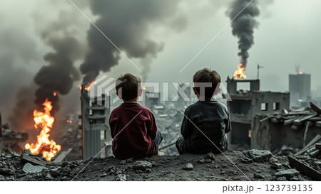 Child sit and gaze at war-torn buildings with deep sorrow. The concept of war devastation, loss, and the impact of conflict on innocent lives. Generative AI. 123739135