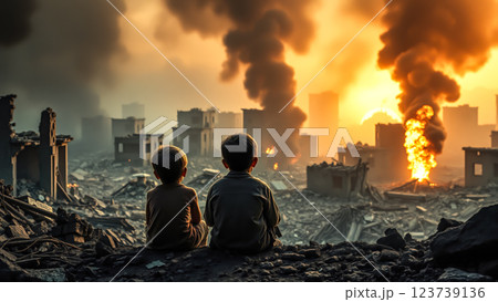 Child sit and gaze at war-torn buildings with deep sorrow. The concept of war devastation, loss, and the impact of conflict on innocent lives. Generative AI. 123739136