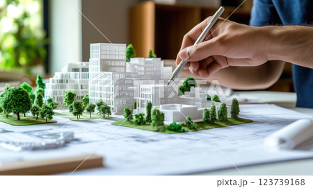 An architect studies a blueprint while planning a building with VR glasses. The concept emphasizes the importance of careful design and precision in architecture. Generative AI. An architect studies a blueprint while planning a building with VR glasses. The concept emphasizes the importance of careful design and precision in architecture. Generative AI. 123739168