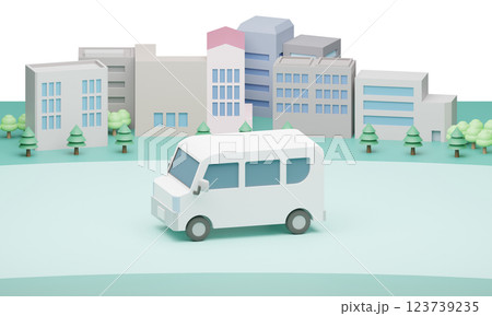 都市の道路を進む一台の白い車 123739235