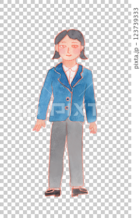 身穿制服、休閒褲和西裝外套的女孩的水彩畫 身穿制服、休閒褲和西裝外套的女孩的水彩畫 123739333