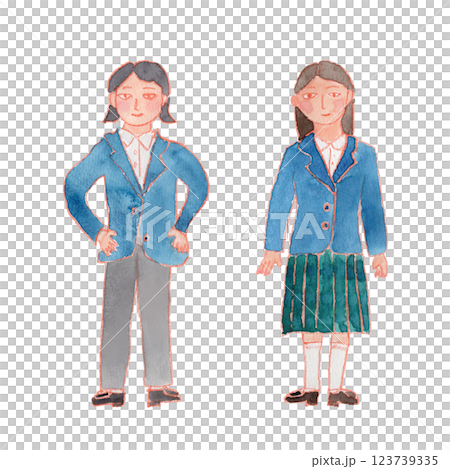パンツとスカートの制服を着た女の子2人の水彩イラスト 123739335