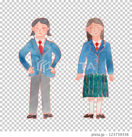 Watercolor illustration of two girls in uniforms with pants and skirt Watercolor illustration of two girls in uniforms with pants and skirt 123739336
