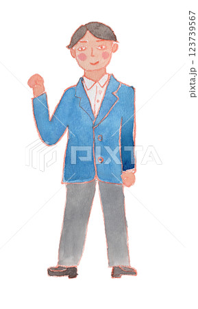 ガッツポーズをする制服の男の子の水彩イラスト 123739567