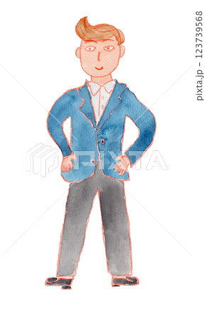 腰に手をあてる制服の男の子の水彩イラスト 123739568