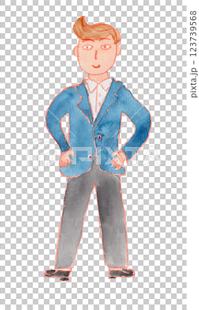 腰に手をあてる制服の男の子の水彩イラスト 123739568