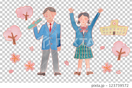 制服の男女が喜んでいる卒業式の水彩イラスト 123739572