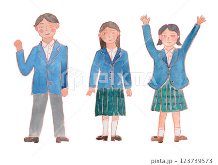 ガッツポーズとバンザイをする制服の男女の水彩イラスト 123739573