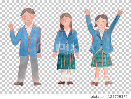 ガッツポーズとバンザイをする制服の男女の水彩イラスト 123739573
