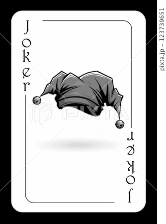 Playing card joker with the image of a red jesters cap with golden bells Playing card joker with the image of a red jesters cap with golden bells 123739651