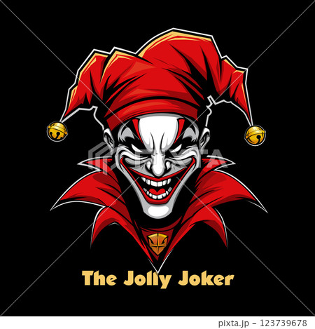 Evil jester with a sinister grin, wearing a red hat with bells 123739678