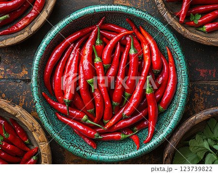 Fresh red chili peppers in a rustic wooden bowl on a dark textured background 123739822
