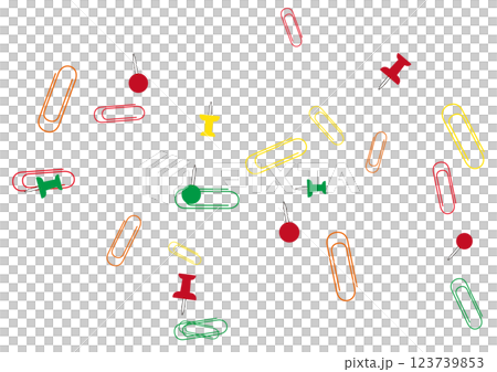 An illustration of colorful clips and pins scattered all over the place An illustration of colorful clips and pins scattered all over the place 123739853