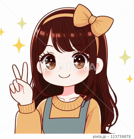 リボンカチューシャをつけて笑顔でピースする女性のイラスト 123739878